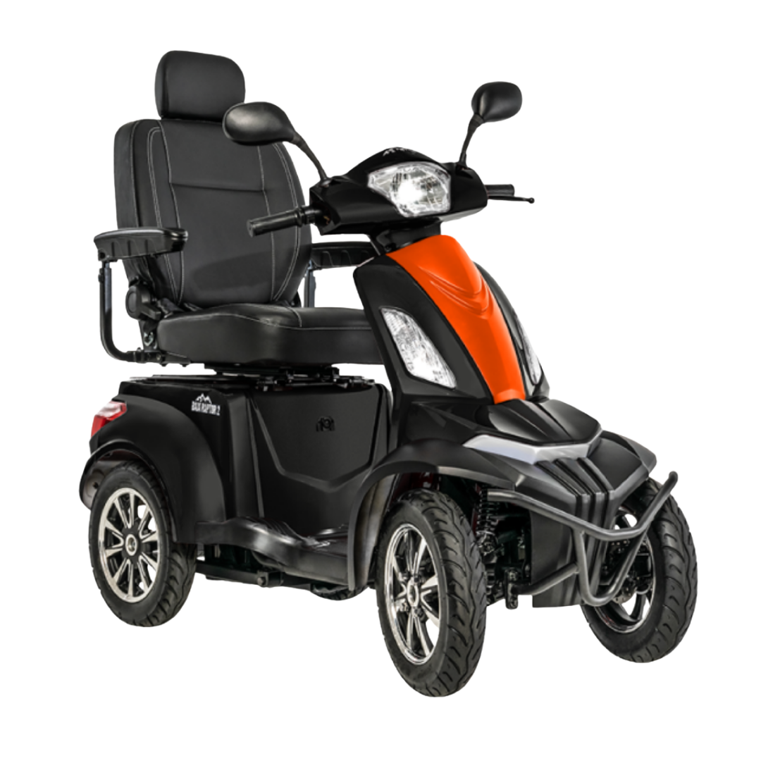 The Pride Baja® Raptor® 2 Bariatric 4-Wheel Scooter, in black and orange, features a cushioned seat, armrests, backrest, and handlebars for comfortable and accessible personal mobility.